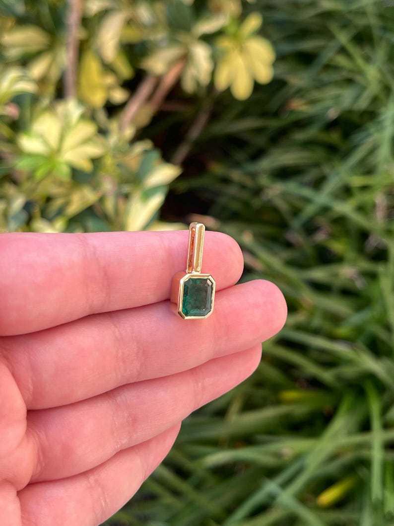 2.58ct 14K Rich Forest Green Emerald Bezel Solitaire Pendant Emerald Cut Emerald North-South Bezel Set - JR Colombian Emeralds