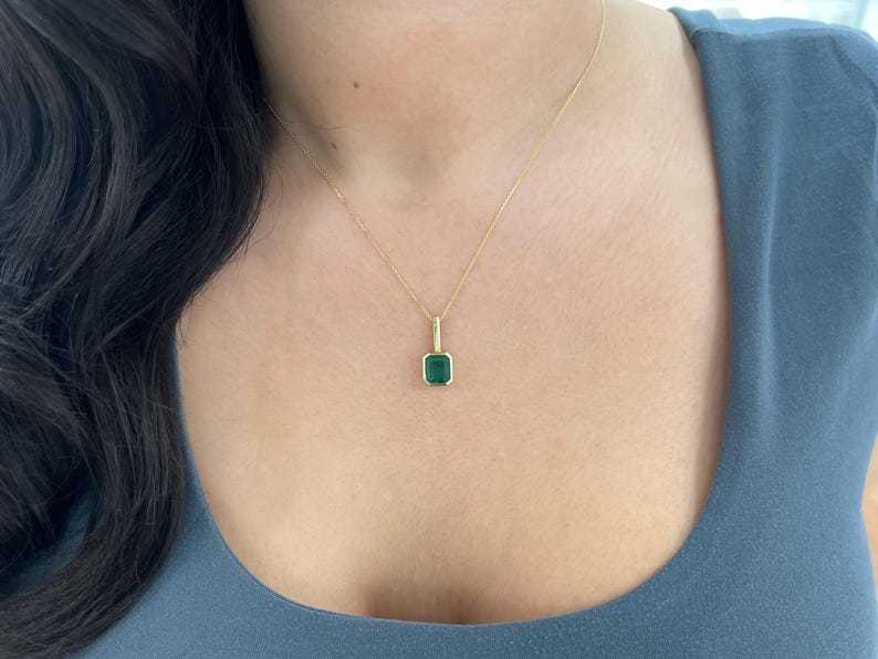 2.58ct 14K Rich Forest Green Emerald Bezel Solitaire Pendant Emerald Cut Emerald North-South Bezel Set - JR Colombian Emeralds