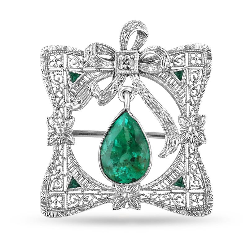 14K Colombian Emerald pendant with pear-cut emerald and vintage diamond accents, showcasing elegant jewelry craftsmanship.