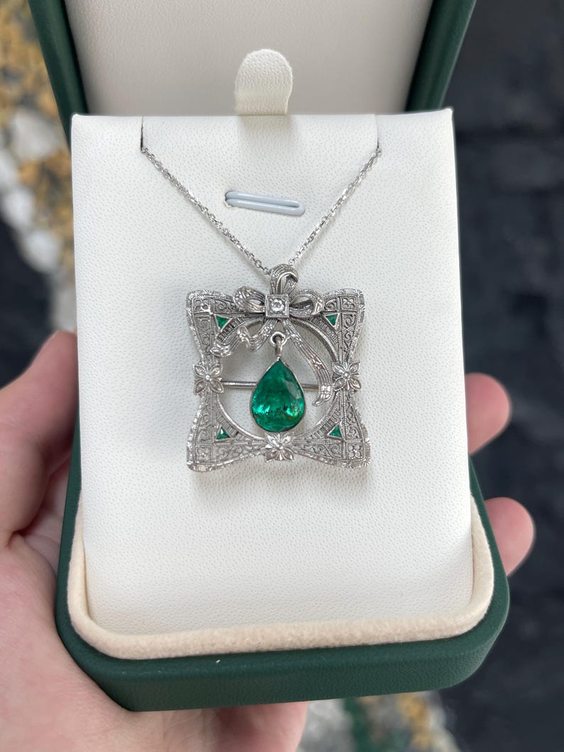 14K Colombian Emerald pear-cut pendant with diamonds, vintage style, featuring 2.65tcw emerald and intricate design.