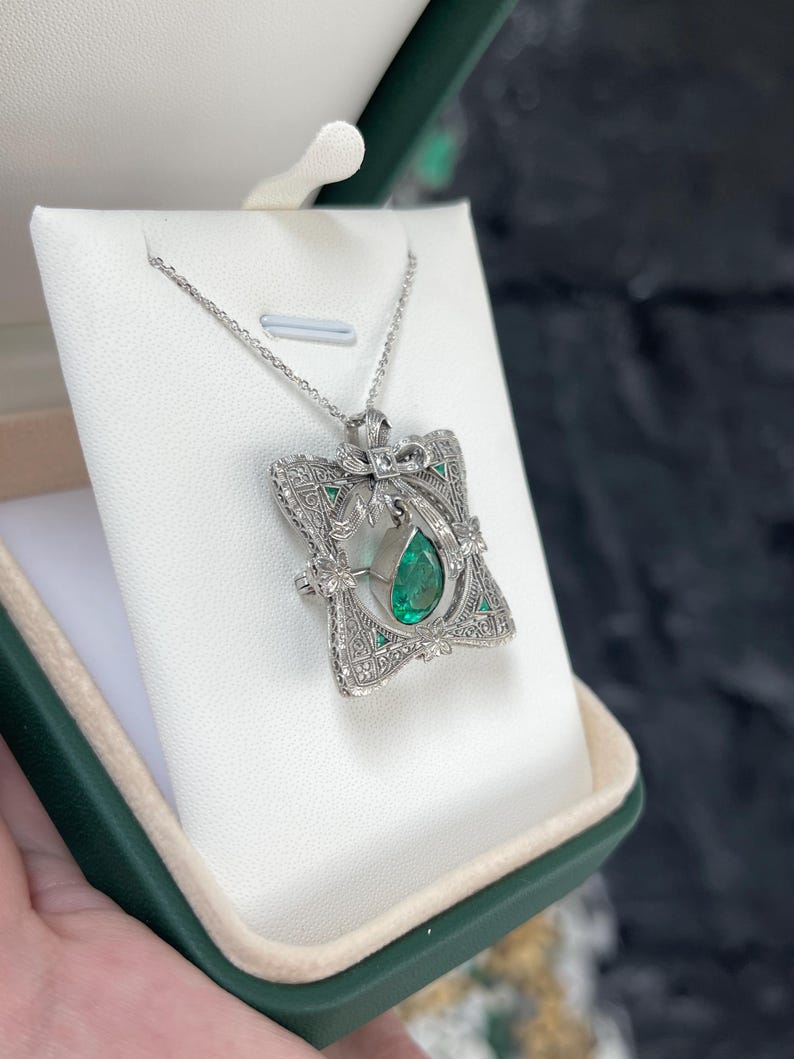 14K Colombian Emerald pear cut pendant with diamonds, vintage style, 2.65tcw, elegant jewelry piece, includes brooch option, no chain shown