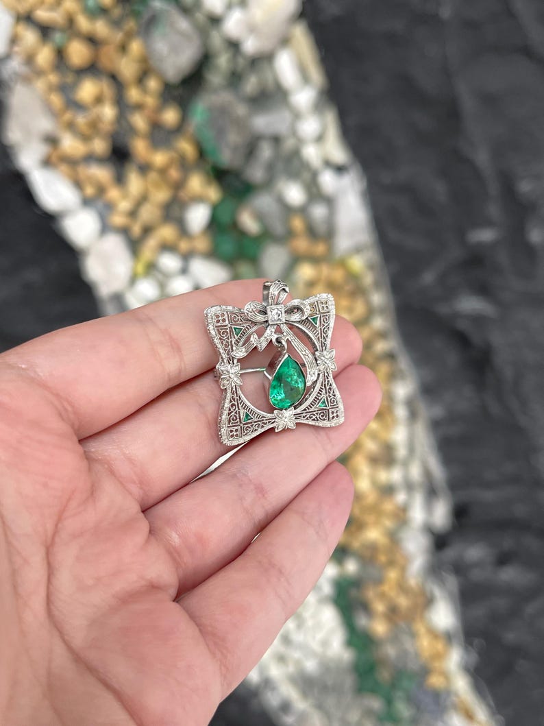 14K Colombian Emerald and Diamond vintage pendant brooch with pear-cut emeralds and intricate detailing, part of Pendants & Necklaces collection.