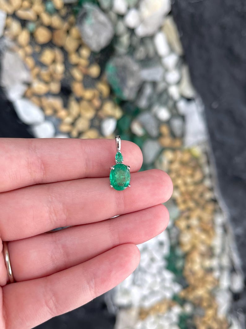 2.85tcw 14K Natural Oval & Pear Cut Emerald Accent Duo Pendant Medium Green Emerald Pendant Necklace - JR Colombian Emeralds