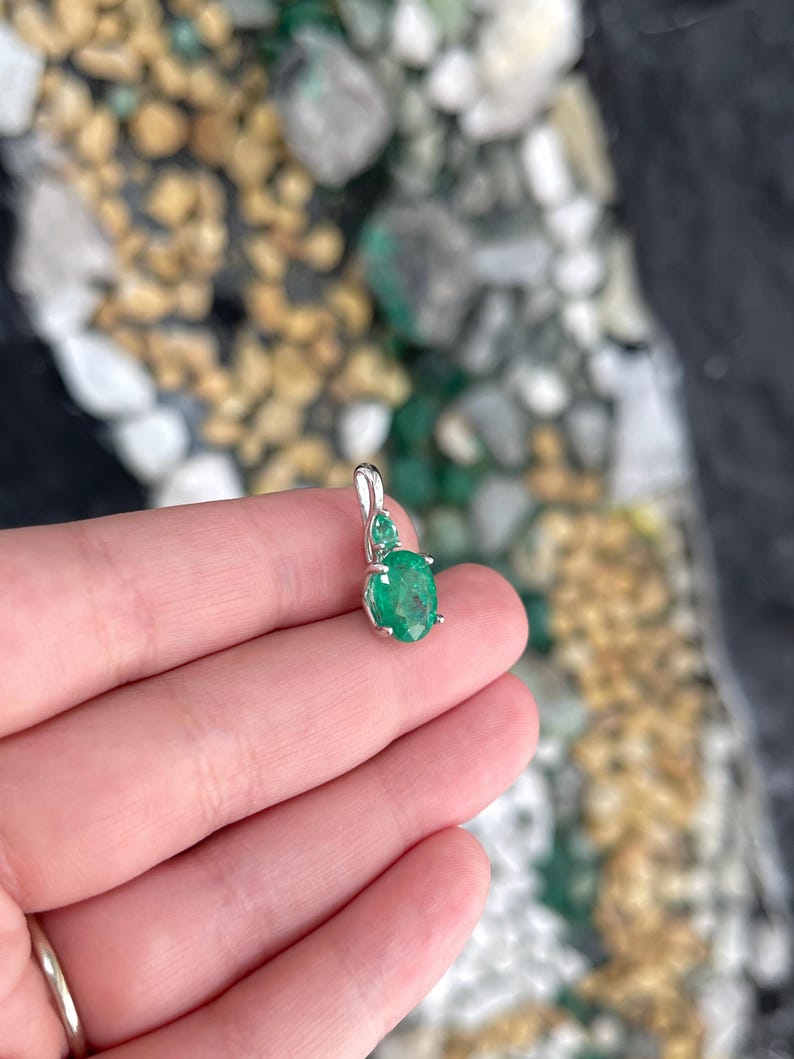 2.85tcw 14K Natural Oval & Pear Cut Emerald Accent Duo Pendant Medium Green Emerald Pendant Necklace - JR Colombian Emeralds