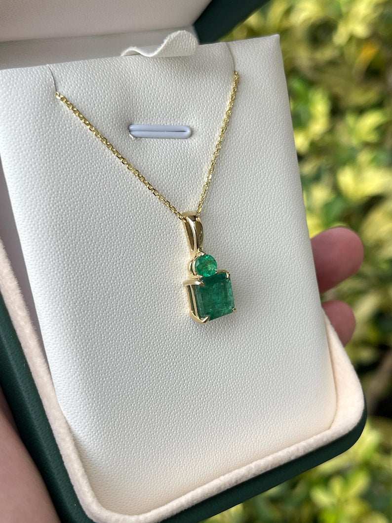 4.46tcw Zambian Emerald Toi et Moi Necklace 14K Gold Asscher & Round P