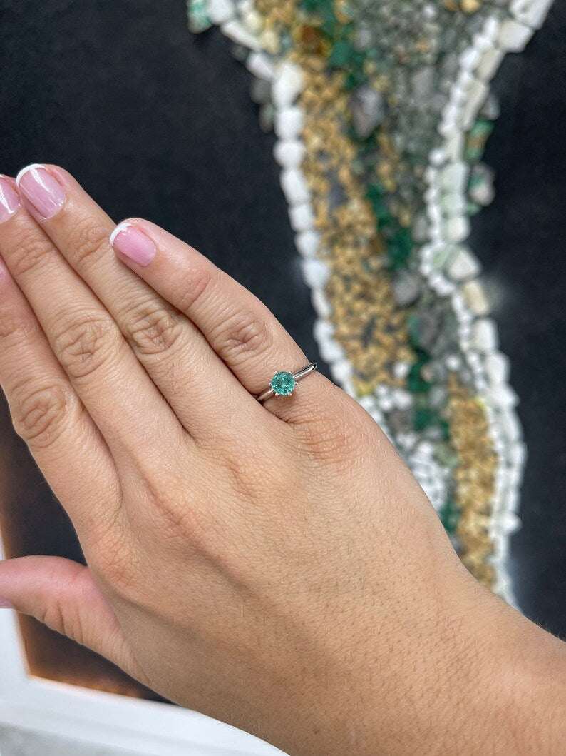 Colombian Emerald 0.80ct round cut ocean blue engagement ring with six prongs in 14K gold jewelry image