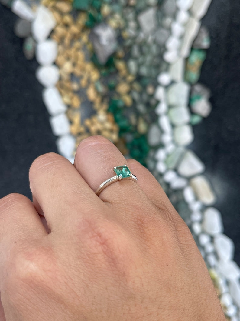 Sterling silver ring with a 0.90 carat natural spring green Asscher cut emerald solitaire, Colombian Emerald brand.