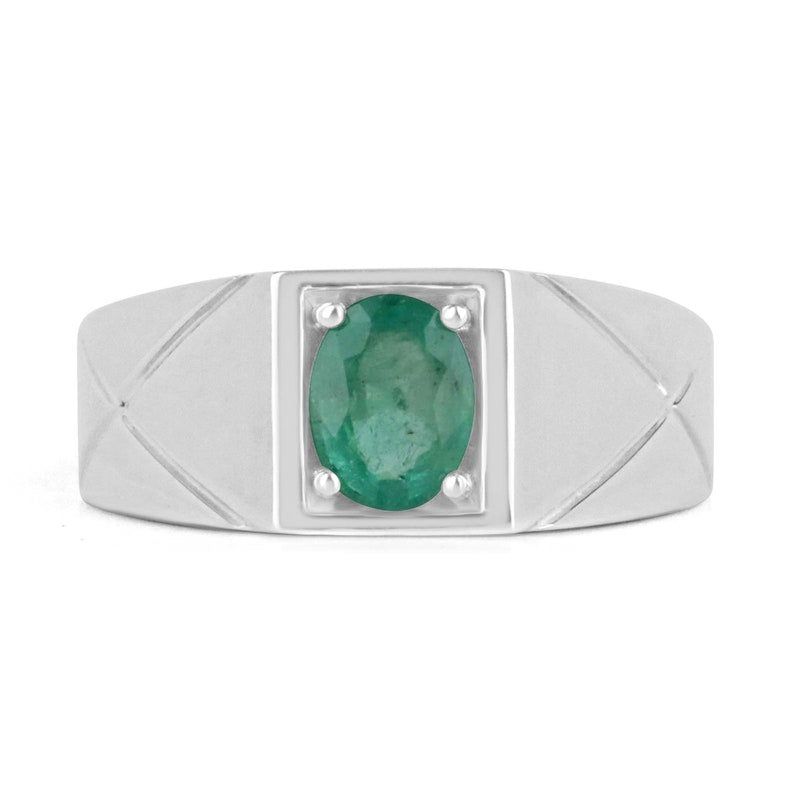 Sterling silver men's ring featuring a 1.13 carat lush green oval cut solitaire emerald from Colombian Emerald.