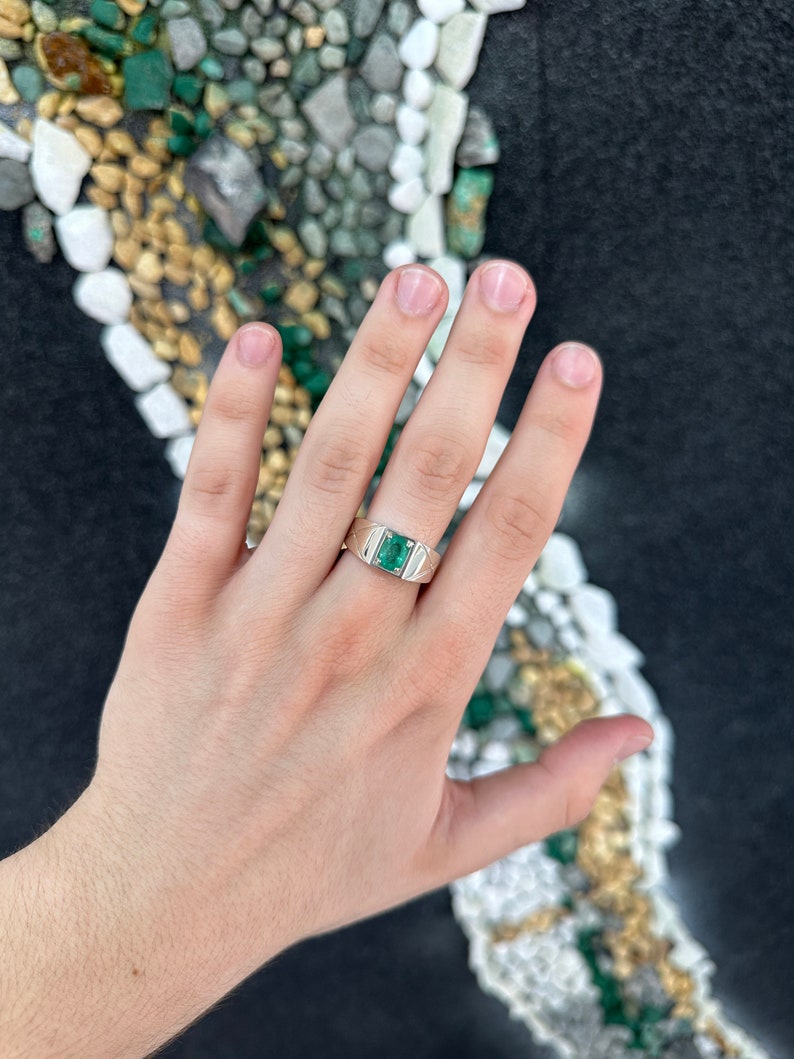 Sterling silver men's ring with 1.13 carat lush green oval cut solitaire emerald from Colombian Emerald.