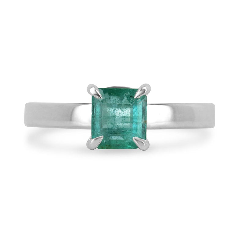 Sterling silver 925 ring featuring a 1.30ct natural Asscher cut bluish green emerald in a four-prong setting.