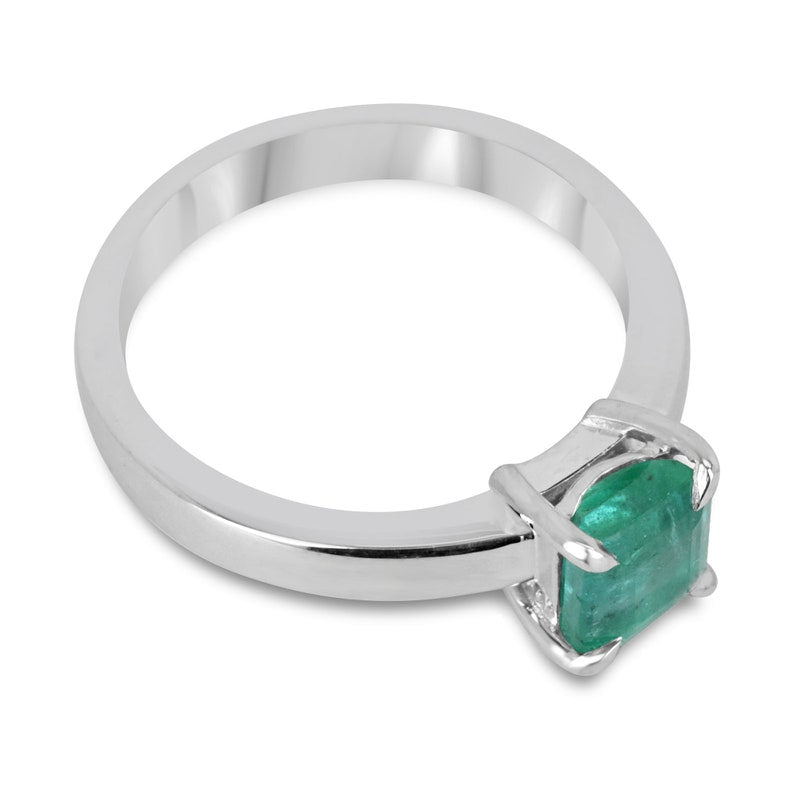 Sterling silver 925 Asscher cut emerald ring with 1.30ct bluish green natural emerald and four-prong setting.
