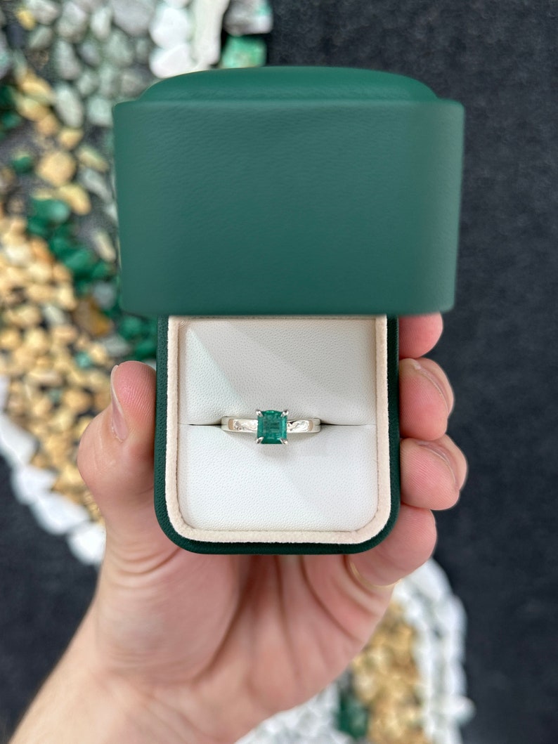 Sterling silver 925 Asscher cut emerald ring with 1.30ct medium bluish green Colombian emerald and 4-prong setting