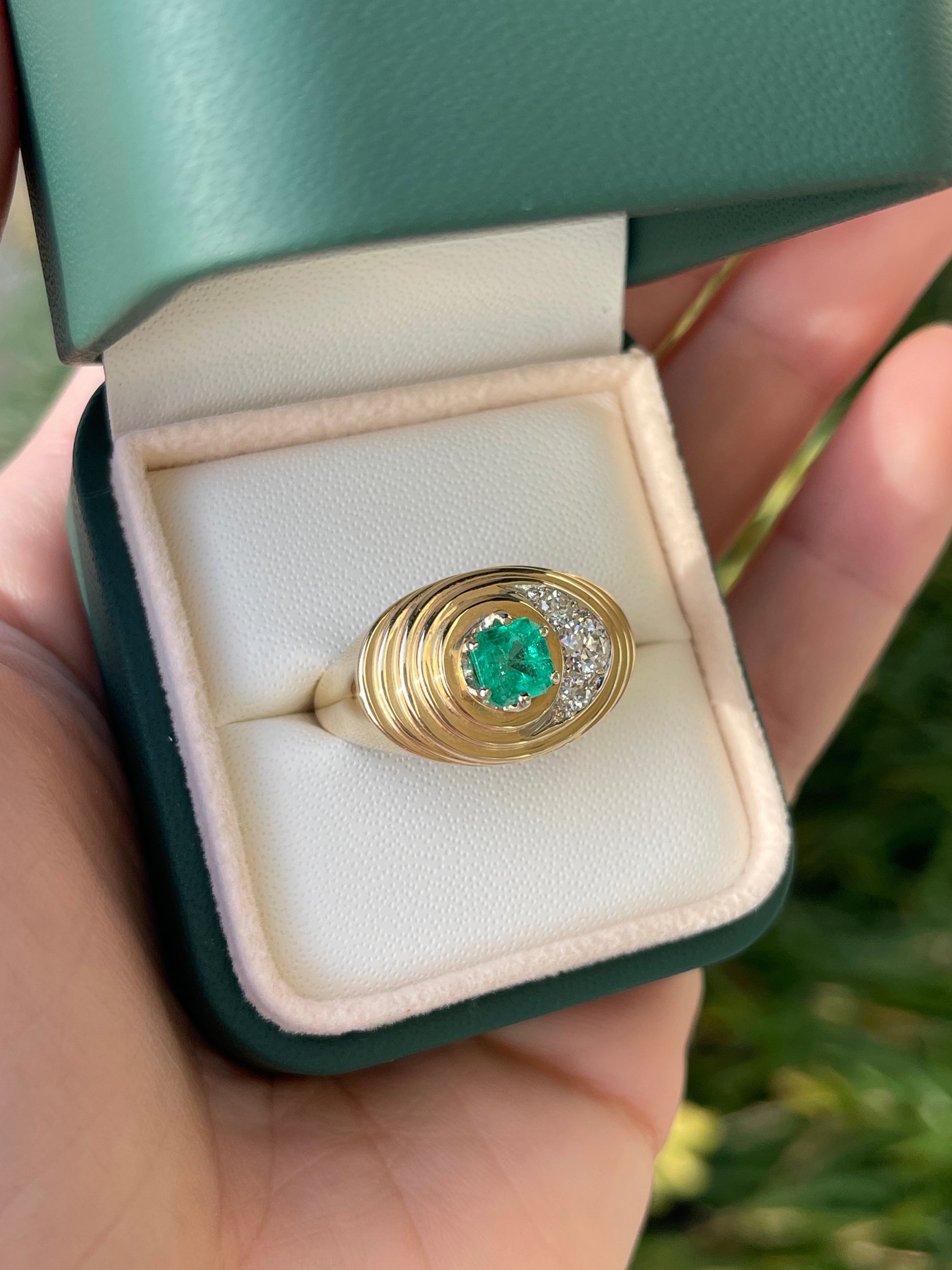 1.35tcw 14K Colombian Emerald Asscher Cut Diamond Mens Ring - JR Colombian Emeralds