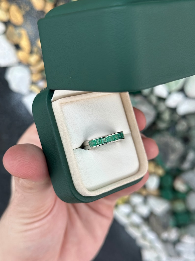 14K gold unisex wedding band with 1.35tcw princess cut green emeralds, Colombian Emerald brand, elegant wedding ring design