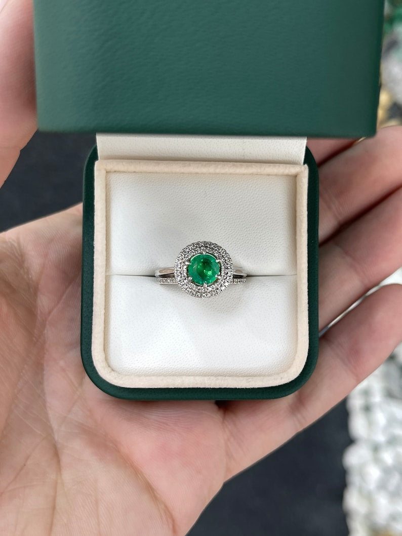 1.45tcw 14K Round Vivid Yellowish-Green Emerald & Diamond Accent 6 Prong Ring - JR Colombian Emeralds