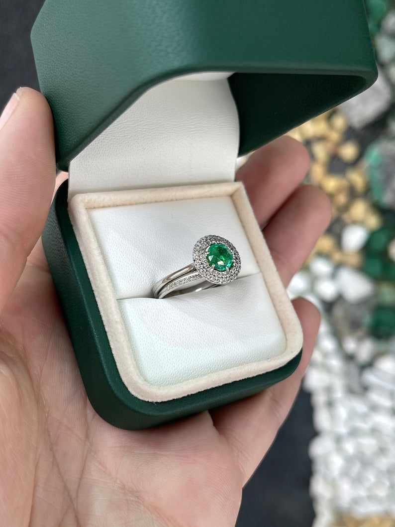 1.45tcw 14K Round Vivid Yellowish-Green Emerald & Diamond Accent 6 Prong Ring - JR Colombian Emeralds