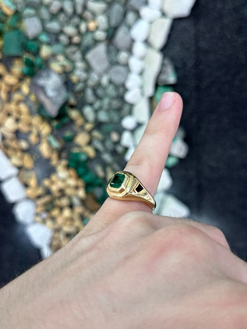 Unisex 1.48 carat emerald solitaire ring with intense dark green Asscher cut gemstone, 18K gold bezel setting, Colombian Emerald brand