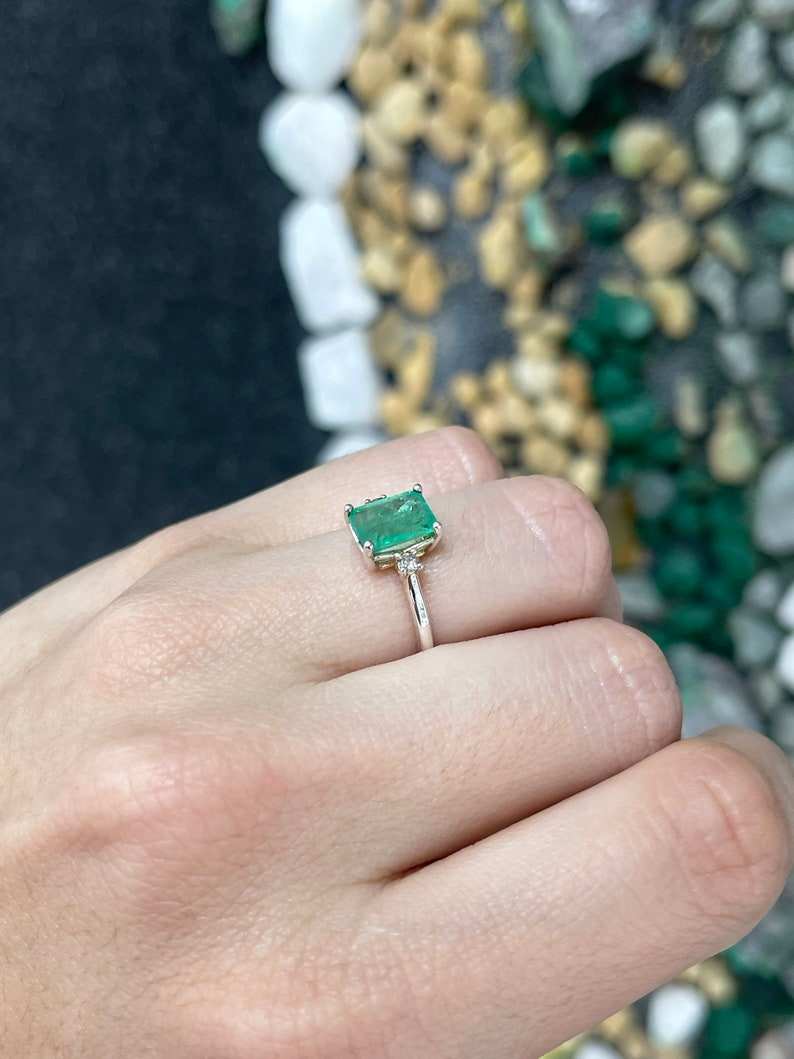 Sterling silver 3-stone ring with 1.70ctw green emerald cut diamonds and round diamond accents, by Colombian Emerald.