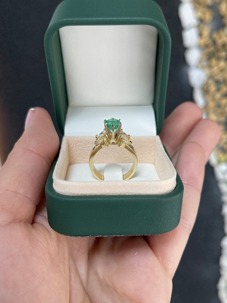 Vivid spring green round emerald engagement ring with diamond accents in 14K setting, by Colombian Emerald.