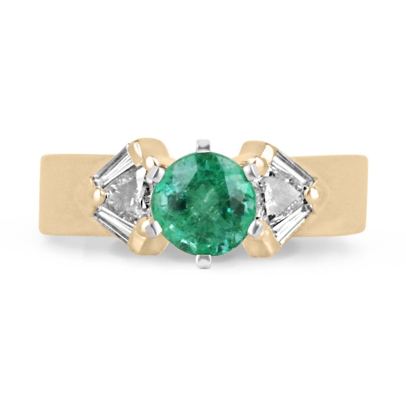 Vivid spring green round emerald engagement ring with diamond accents in 14K gold, Colombian Emerald brand.