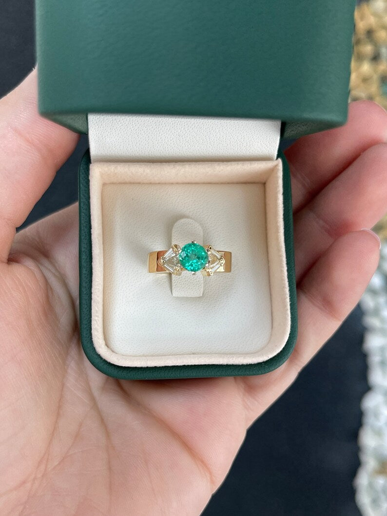 Vivid spring green round emerald engagement ring with diamond accents in 14K gold, Colombian Emerald brand jewelry.