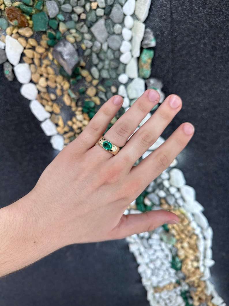 Solitario unisex con diamante naturale verde medio da 1,80 ct, taglio ovale, in oro 14 carati 585, 8 mm