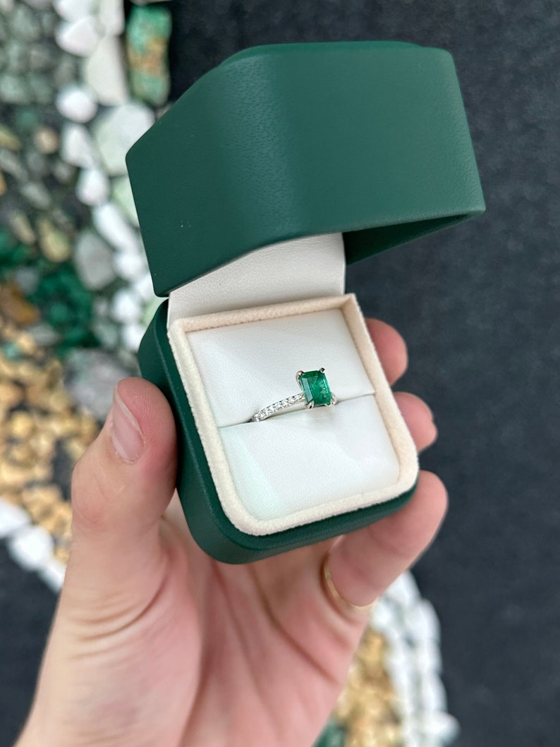 14K white gold engagement ring with a rich dark green emerald and diamond accents, featuring a 1.95tcw gemstone set in a Colombian Emerald ring.