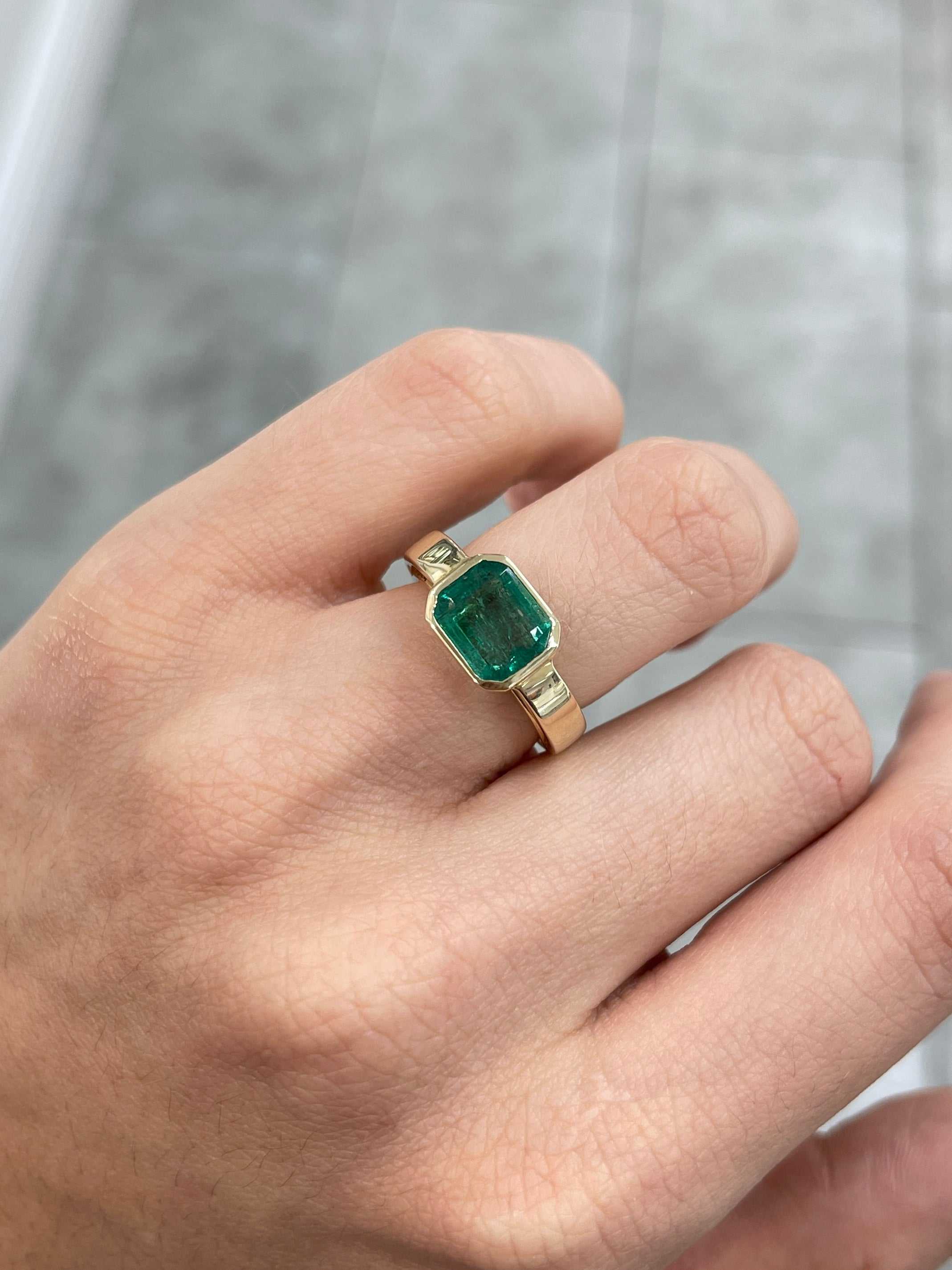 2.40cts 14K Natural Emerald Cut Dark Green Solitaire Engagement Ring - JR Colombian Emeralds