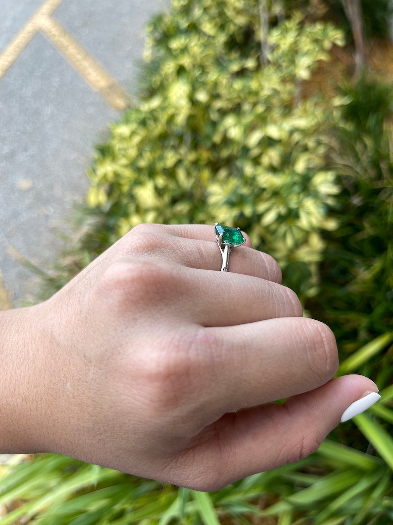 2.65ct Plat Natural Vivid Rare Alpine Dark Green Emerald Cut Solitaire Four Prong Engagement Ring - JR Colombian Emeralds