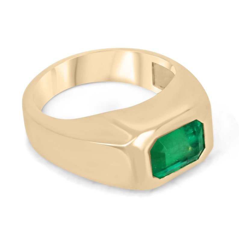 Colombian Emerald 2.70ct AAA+ Vivid Muzo green emerald cut solitaire gypsy ring showing the east-west setting and detailed band