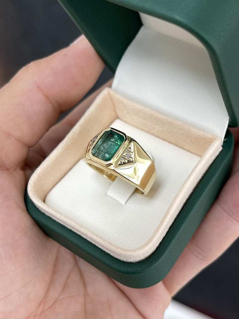 14K gold men's ring with a 2.73 carat natural dark green emerald cut emerald and diamond accents, Colombian Emerald brand