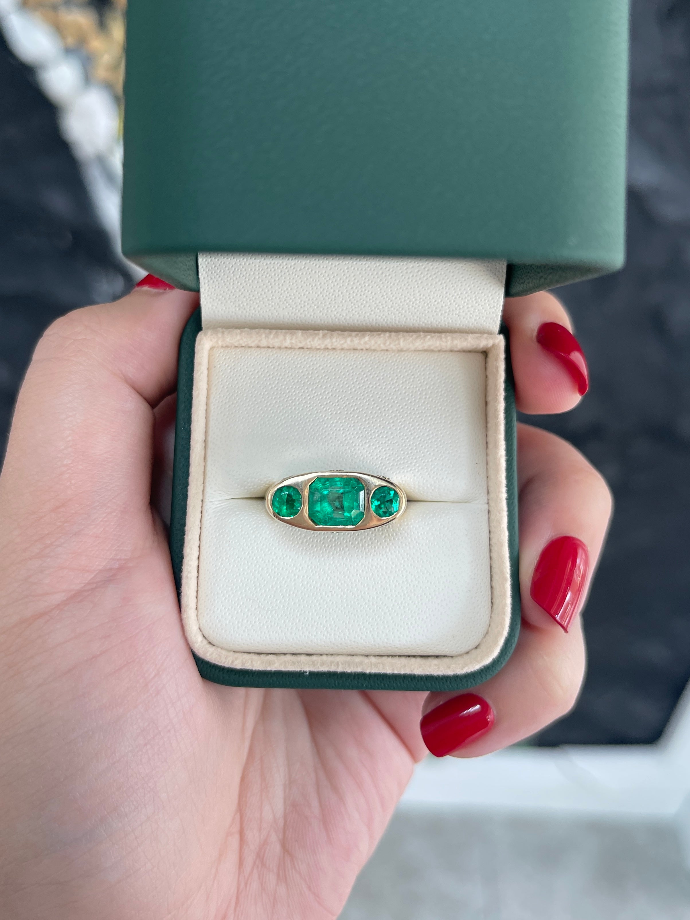 2.85tcw 14K Colombian Emerald Round Cut Three stone Diamond Ring - JR Colombian Emeralds