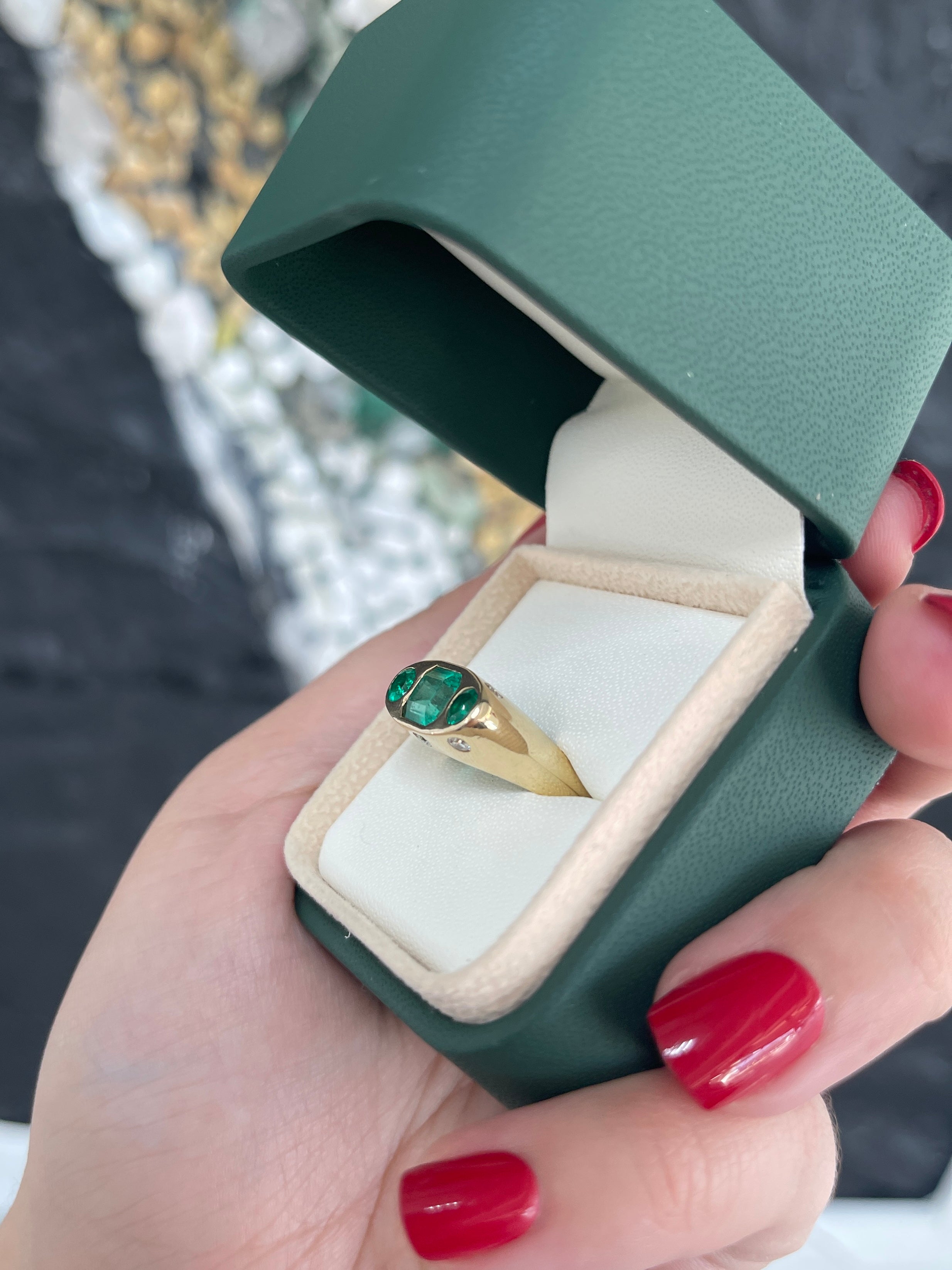 2.85tcw 14K Colombian Emerald Round Cut Three stone Diamond Ring - JR Colombian Emeralds