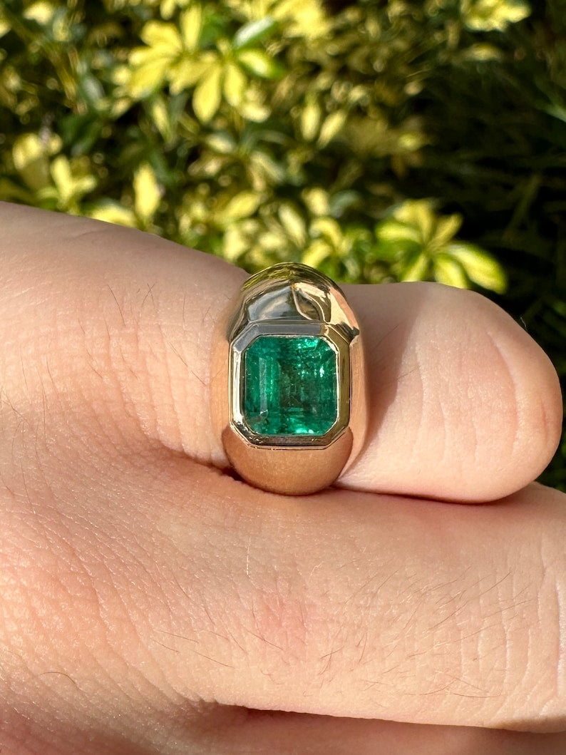 3.29ct 14K Asscher Cut Wide Emerald Solitaire Gypsy Signet Men's Ring - JR Colombian Emeralds
