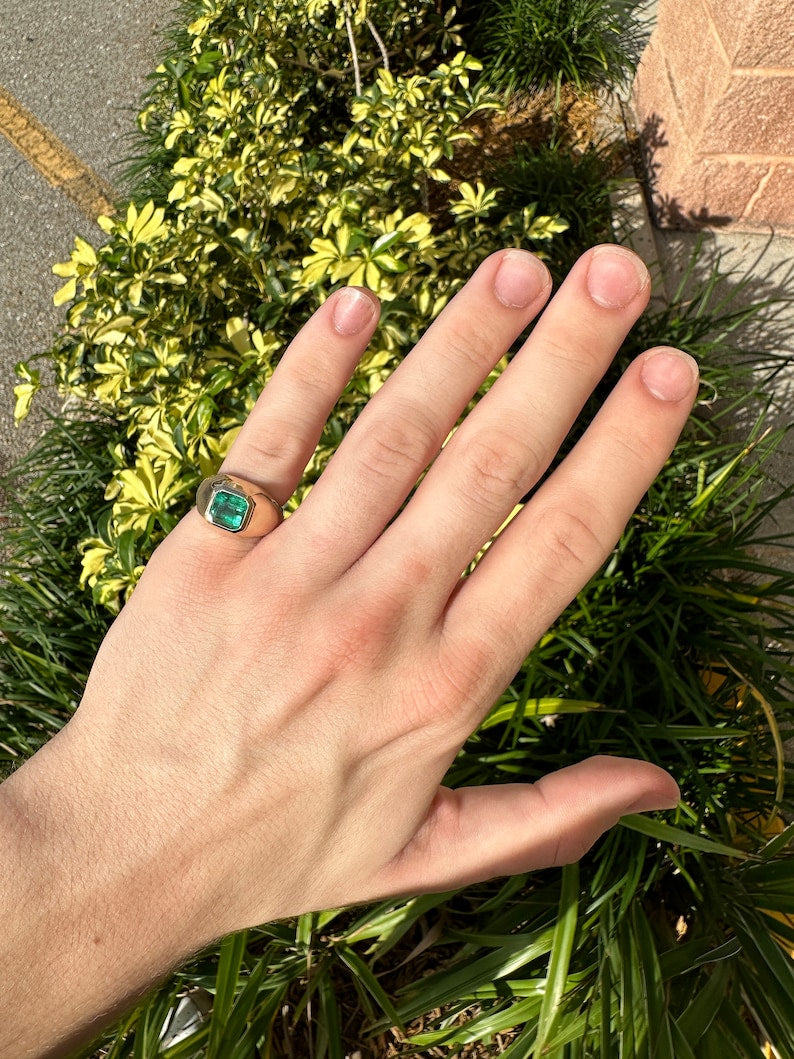 3.29ct 14K Asscher Cut Wide Emerald Solitaire Gypsy Signet Men's Ring - JR Colombian Emeralds