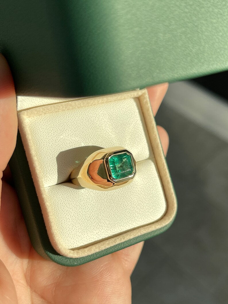 3.29ct 14K Asscher Cut Wide Emerald Solitaire Gypsy Signet Men's Ring - JR Colombian Emeralds