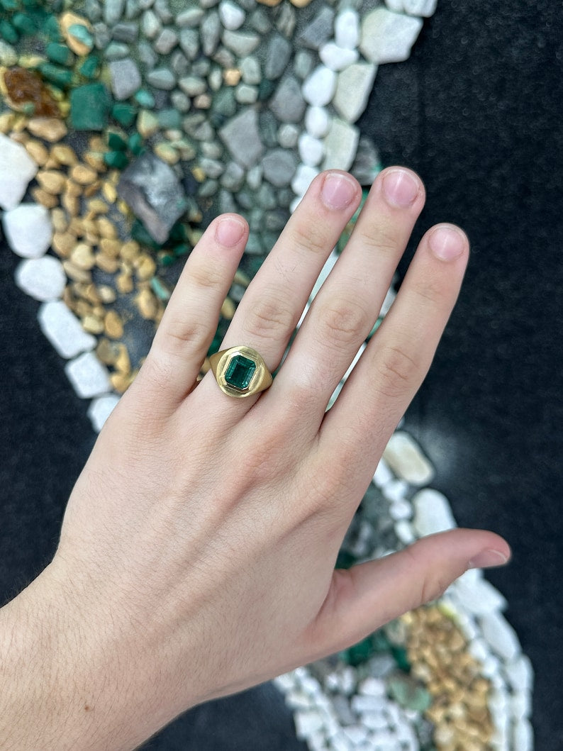 Deep lush green emerald cut solitaire unisex ring with matte finish, 3.86 carat Colombian Emerald styled gypsy design.