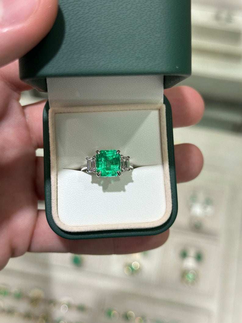 5.10tcw 18K Rich Vivid Green Colombian Emerald & Diamond Three Stone Prong Set Ring - JR Colombian Emeralds