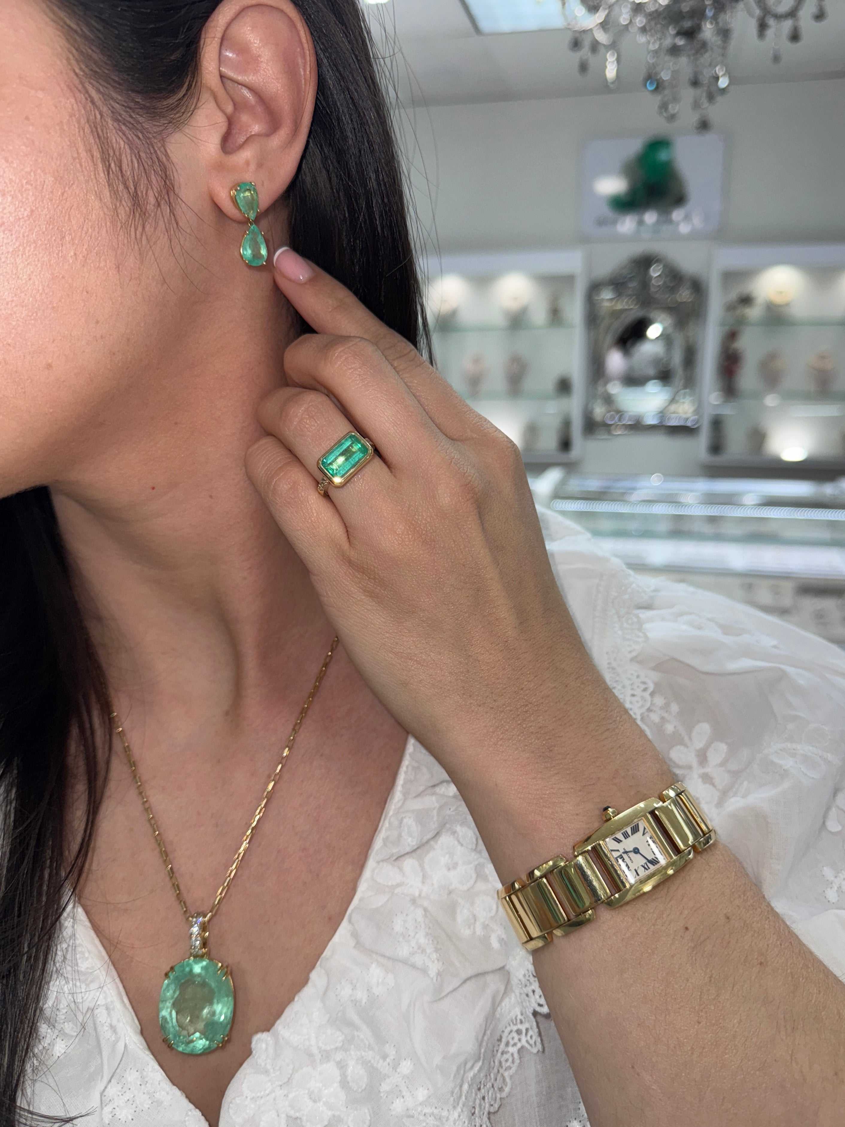 5.97tcw 14K Gold East-West Horizontal Bezel Emerald Cut & Diamond Accent Ring