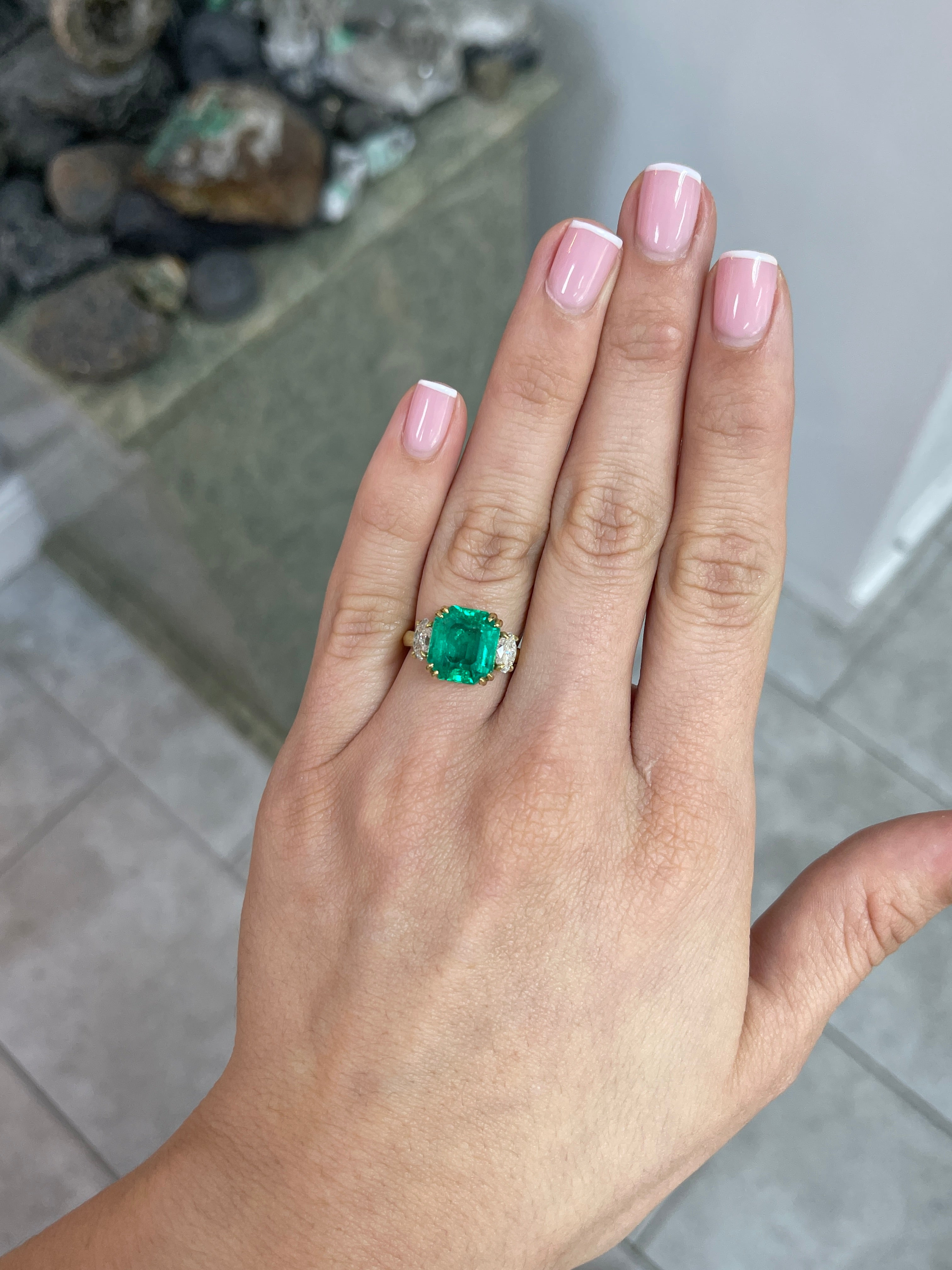 6.59tcw CERTIFIED 18K Fine Quality Dark Vivid Bluish-Green Emerald & Marquise 3 Stone Diamond Ring - JR Colombian Emeralds