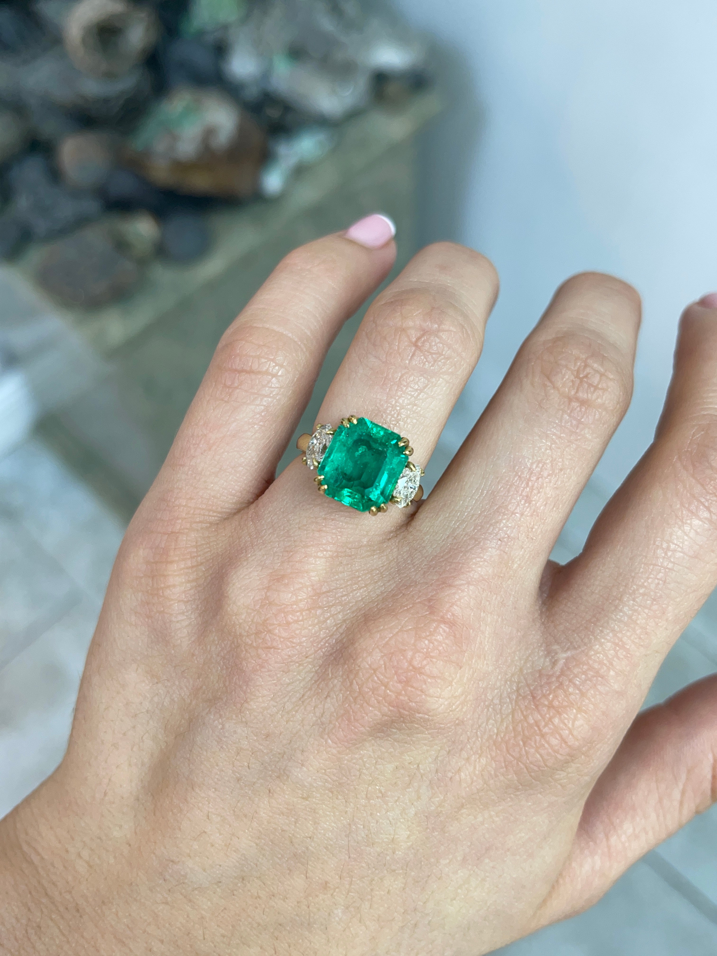 6.59tcw CERTIFIED 18K Fine Quality Dark Vivid Bluish-Green Emerald & Marquise 3 Stone Diamond Ring - JR Colombian Emeralds