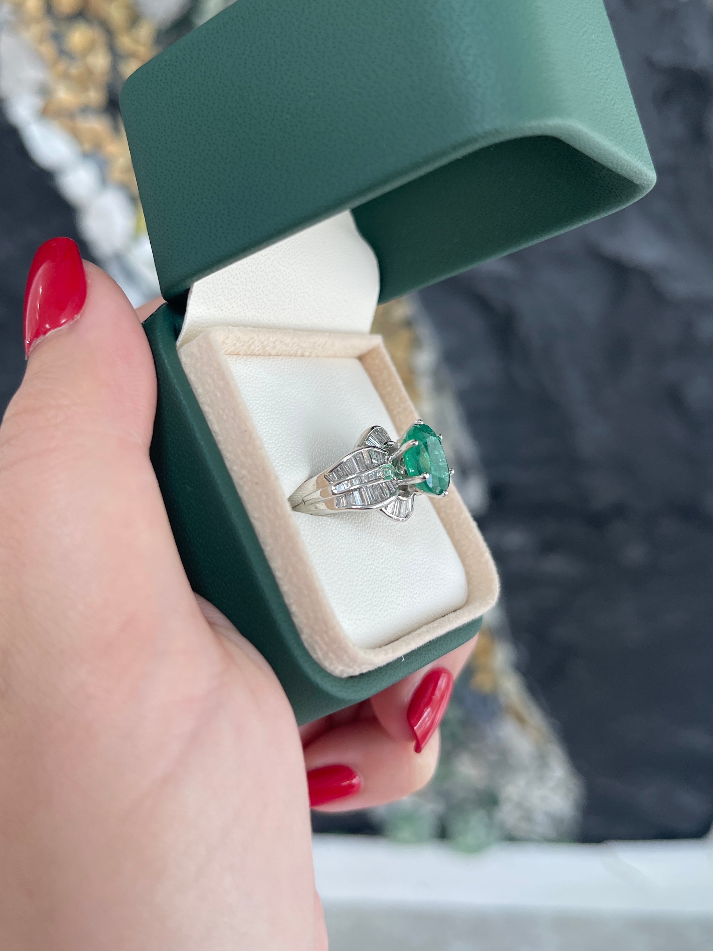 Antique 3.77tcw 18K white gold diamond and oval cut natural emerald ring by Colombian Emerald, showcasing intricate vintage design.