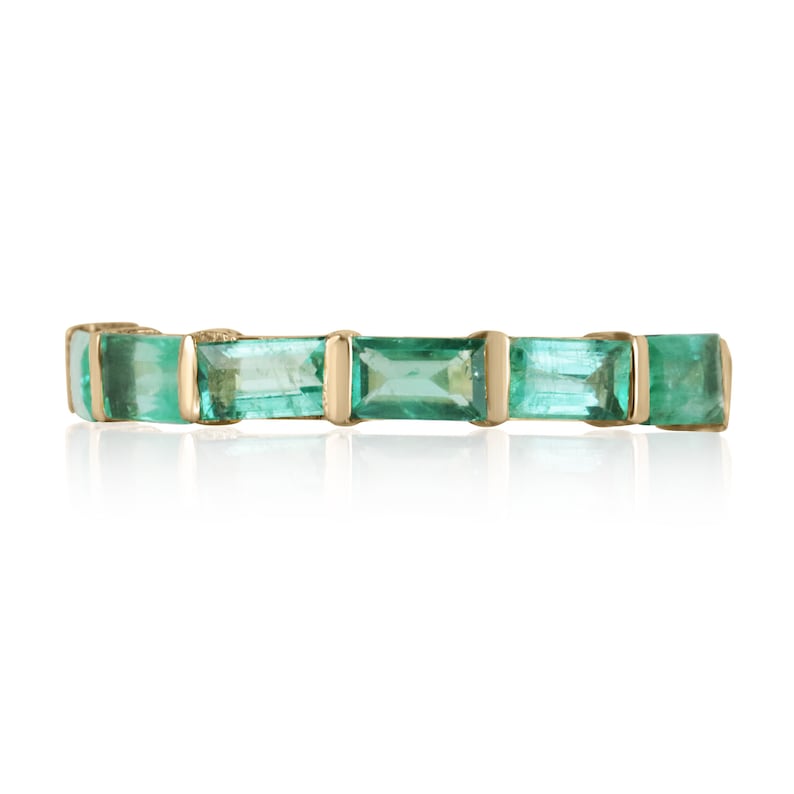 14K gold wedding band with large emerald baguette accents, Colombian Emerald brand, size 7, elegant jewelry ring design