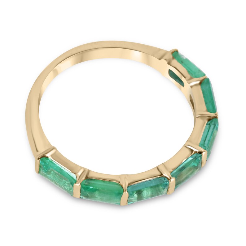 14K gold wedding band with large emerald baguette diamonds, Colombian Emerald brand, size 7, elegant jewelry ring.