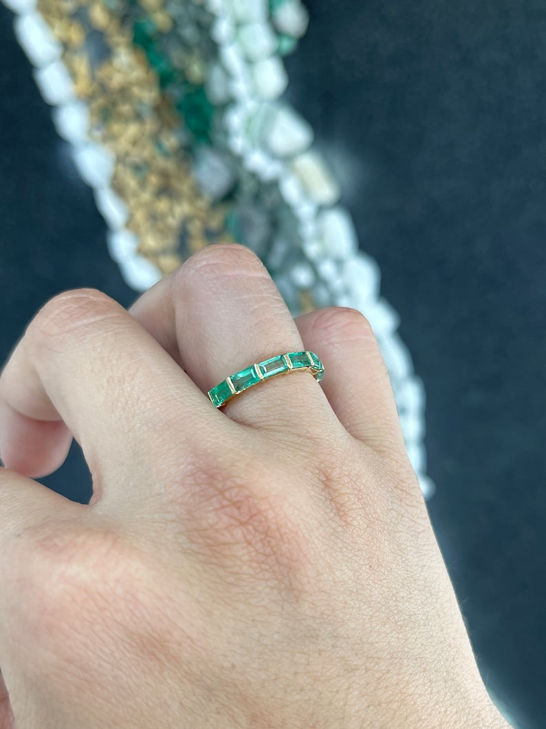 14K gold wedding band with large emerald baguette gemstones, Colombian Emerald brand, size 7, elegant jewelry ring.