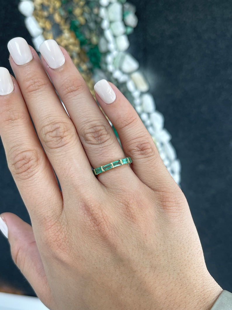 14K gold large emerald baguette wedding band ring with 1.80tcw from Colombian Emerald, size 7, showcasing elegant gemstone design.