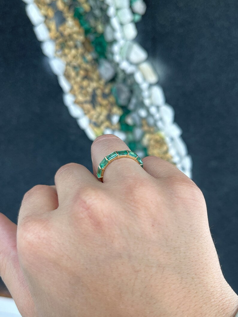 14K gold wedding band with large emerald baguette diamonds, Colombian Emerald brand, size 7, elegant jewelry ring.