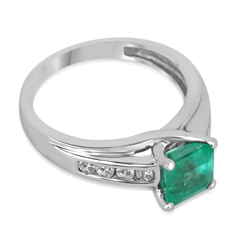14K white gold ring with a 1.74tcw earth-mined emerald center stone and diamond accents, Colombian Emerald brand.