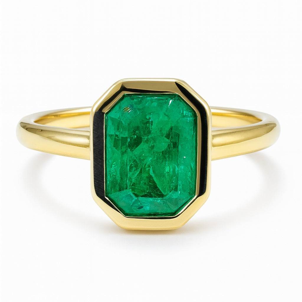 1.08 Carat AAA+ Bezel Set Muzo Colombian Emerald-Emerald Cut Solitaire Ring 18K