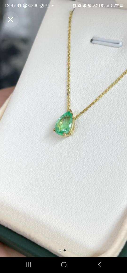 1.36 carat light bluish green Colombian emerald necklace, pear cut, special deposit.